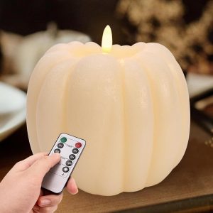 MOREDOTS Fall Decorations for Home – Flickering Flameless Wax Pumpkin LED Candle with Timer Remote Control
